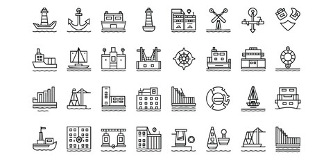 This set of line art icons depicts various port and maritime elements, including ships, lighthouses, cranes, and buildings