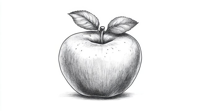 Retro sketch of apple with two leaves drawn in pencil style on white background as simple fruit illustration art