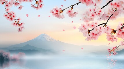 Serene Cherry Blossom Landscape with Mount Fuji and Tranquil Waters at Sunrise
