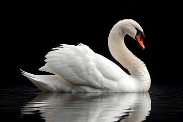 Naklejka premium Elegant Mute Swan Floating Gracefully On Water Against Black Backdrop Capturing Serenity And Beauty In Nature, mute swan, swan, bird, water, black background, elegant, graceful, serene, beauty, nature
