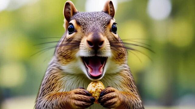 Squirrel with Peanut - Curious squirrel holding peanut close-up in forest