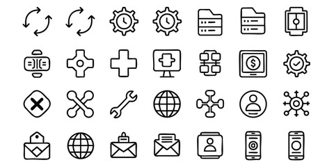 Fototapeta premium A collection of clean, minimalist black line icons representing various business and technology concepts