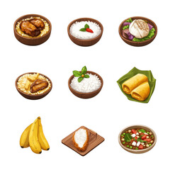 Fototapeta premium Delight in this charming isometric set of colorful Caribbean food icons, featuring rice, beans, plantains, and various delicious dishes that evoke sense of culinary joy