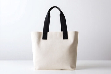 Simple and Clean Aesthetic Tote Bag with Black Straps Design on a White Background Surface Studio Shot