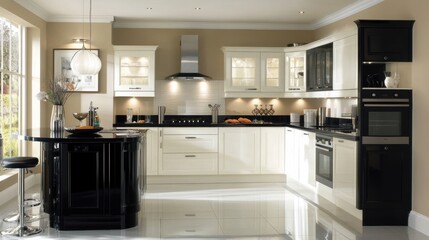 A modern kitchen interior featuring sleek cabinets, a large island, and ample natural light from large windows.