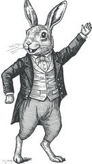 rabbit wearing a jacket and dancing playfully, drawn in an engraved, woodcut style with fine details sketch engraving generative ai 