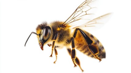 A realistic illustration of a bee, showcasing its detailed features including wings and fuzzy body.