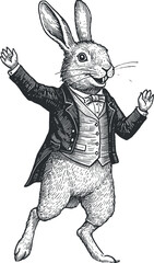 rabbit wearing a jacket and dancing playfully, drawn in an engraved, woodcut style with fine details sketch engraving generative ai 