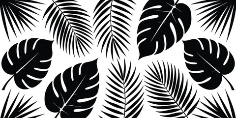 A seamless pattern featuring black silhouettes of various tropical leaves, including palm leaves and monstera leaves, on a white background
