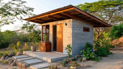 Fototapeta premium Modern Minimalist Cabin in Natural Landscape Surrounded by Greenery and Rocky Pathway
