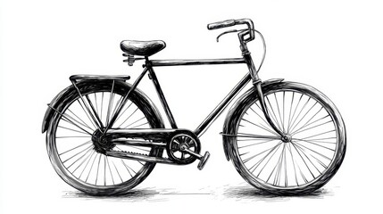 Vintage black and white sketch of a classic bicycle with thin wheels and frame drawn in detailed hand style