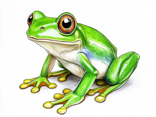 Obraz premium Vivid Green Tree Frog Artwork with Brown Eyes and Yellow Toes on White Background Illustration