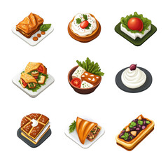 Delight in this charming isometric set of colorful food icons featuring Greek cuisine, including pastries, salads, and dips that evoke sense of culinary joy and tradition