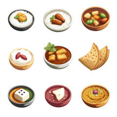 colorful isometric set of nine Indian food icons, featuring rice, curries, bread, and desserts, showcasing rich culinary diversity and vibrant flavors of Indian cuisine