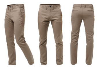 Men's light brown or khaki long chino pants with ghost model style isolated in transparent background