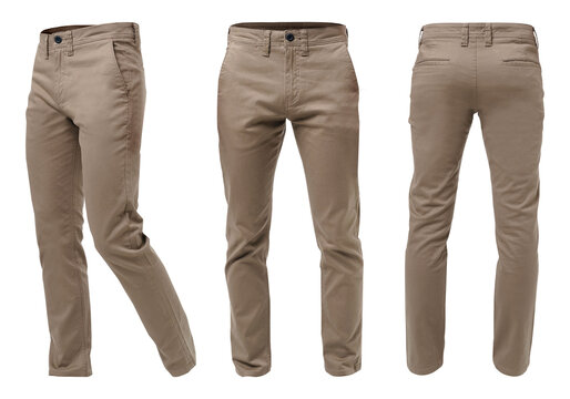 Men's light brown or khaki long chino pants with ghost model style isolated in transparent background