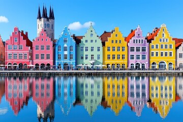 Obraz premium Colorful Houses on Canal Bank with Reflection in Oil Painting Style