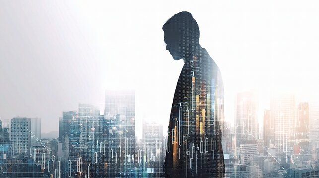 Businessman Silhouette Overlaying Cityscape with Data Visualization