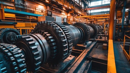 Large gear mechanisms rotating inside a modern industrial power plant