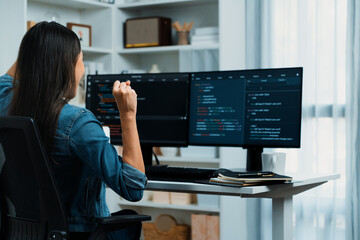 Young Asian IT developer creating raising fist up with successful information on pc with coding...