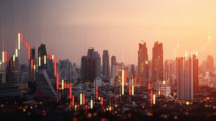 Bangkok Skyline with Stock Candlestick Overlay at Sunset