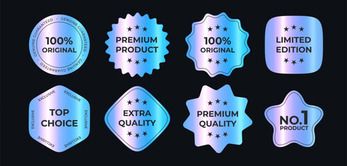 Premium Holographic Badges Set With Metallic Gradient Effect For Product Labels, Quality Guarantee, Promotion, Limited Edition And Top Choice Signs. Bright Shiny Stickers. Vector Illustration