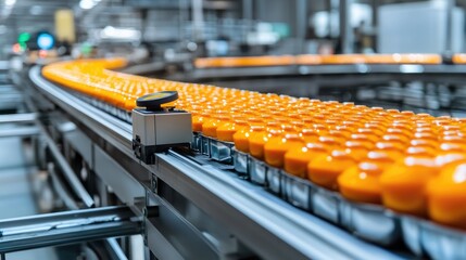 Fototapeta premium Metal detectors inspecting packaged food on a conveyor belt for safety