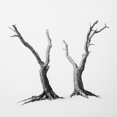 Fototapeta premium Two detailed drawings of leafless trees against a white background
