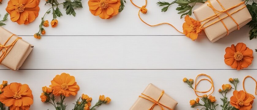 Numerous gifts wrapped in brown paper and secured with orange string await celebration.