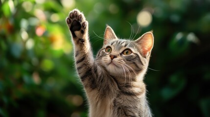 Obraz premium A close-up photograph of a playful cat raising its paw, showcasing its curious expression and soft fur.