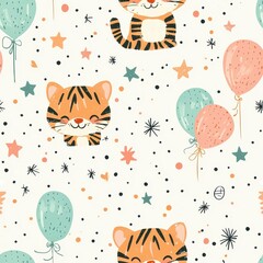 Animal print pattern tiger bold seamless concept. A playful pattern featuring cute cartoon tigers and colorful balloons on a light background, perfect for children's decor or party themes.