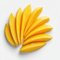Fresh Slices of Ripe Yellow Mango Fruit Arranged in a Circular Pattern on White Background