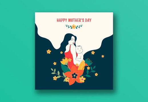Happy Mother's Day Social Media Post with Cartoon Mother and Baby Hug Illustration, Editable Design.