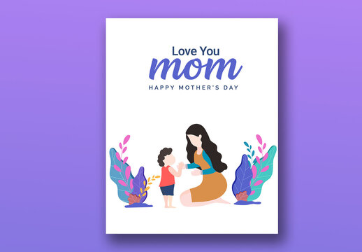 Happy Mother&rsquo;s Day Post with Love You Mom Quote, Mother and Son Holding Hands Illustration.