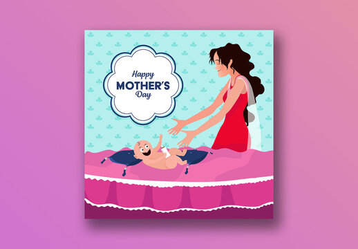 Happy Mother&rsquo;s Day Social Media Post with Playful Mother and Baby Illustration, Editable Design.