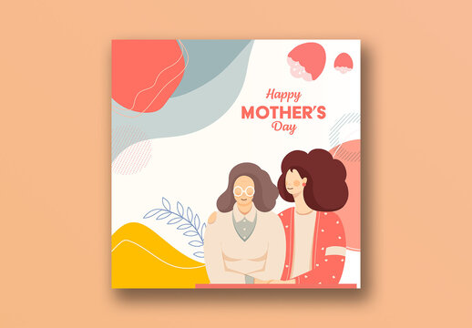 Happy Mother&rsquo;s Day Social Media Post with Cartoon Elderly Mother and Daughter Illustration, Editable Design.
