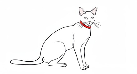 Black Line Art Cat with Red Collar on White Background