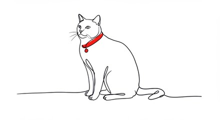 Black Line Art Cat with Red Collar on White Background
