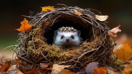 Adorable Hedgehog in Autumn Nest