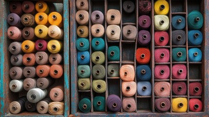 Fototapeta premium Neatly wound bobbins in various thread colors arranged in trays