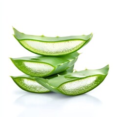 Fresh Aloe Vera Leaves Slices Stacked Isolated on White Background Natural Skincare Ingredient