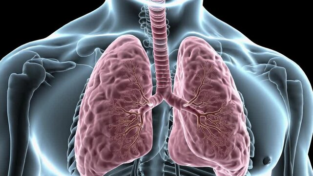 Medical illustration showing human lungs with bronchial tree and trachea inside a translucent x-ray chest, highlighting respiratory system anatomy