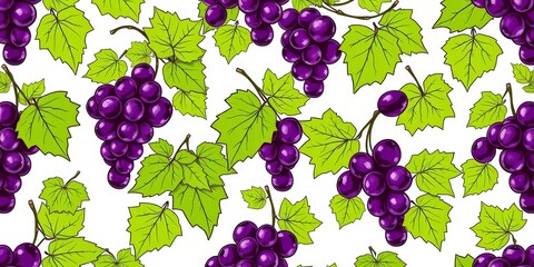 Seamless doodle pattern featuring purple and green grapes with leaves on white background, sweet, artwork