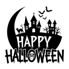 Spooky halloween night illustration with a haunted castle silhouette under a dark moon, perfect for a scary holiday vector design