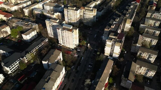 Aerial view of Botosani. Spring sunlight shining over the city's concrete buildings