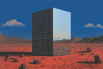 Reflective monolith in a surreal, desert landscape under a vibrant blue sky