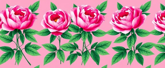 Seamless vector pattern of pink rose peonies and green leaves on a pink background,  pink peony, green leaves