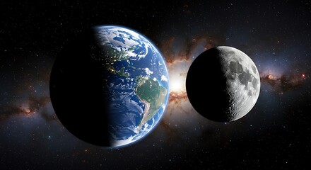 Naklejka premium Celestial Dance: Earth and Moon in Cosmic Embrace AI Generated