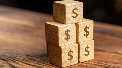 Obraz premium A financial management metaphor using stacked wooden blocks with dollar marks.