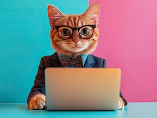 cat works at laptop, desktop. on simple bright colored background. in business suit. place for text. cheerful emotions, strong smile